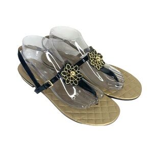 Me Too Navy Bleu T-Strap Sandals with Gold Floral Accent